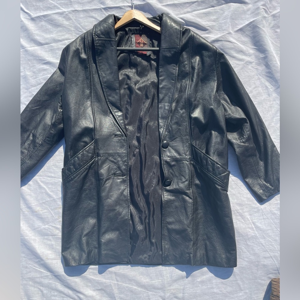 G III black leather trench coat